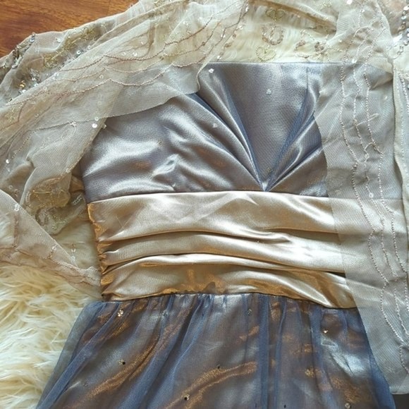 Masquerade Strapless Gold Formal Mini Dress with Lace Shrug/ size 1/2 - Picture 3 of 10